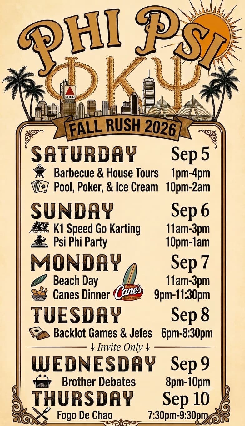 Fall Rush 2026 schedule poster: a Boston skyline and palm trees over the Phi Kappa Psi letters, listing every rush event from Saturday September 5 to Thursday September 10.