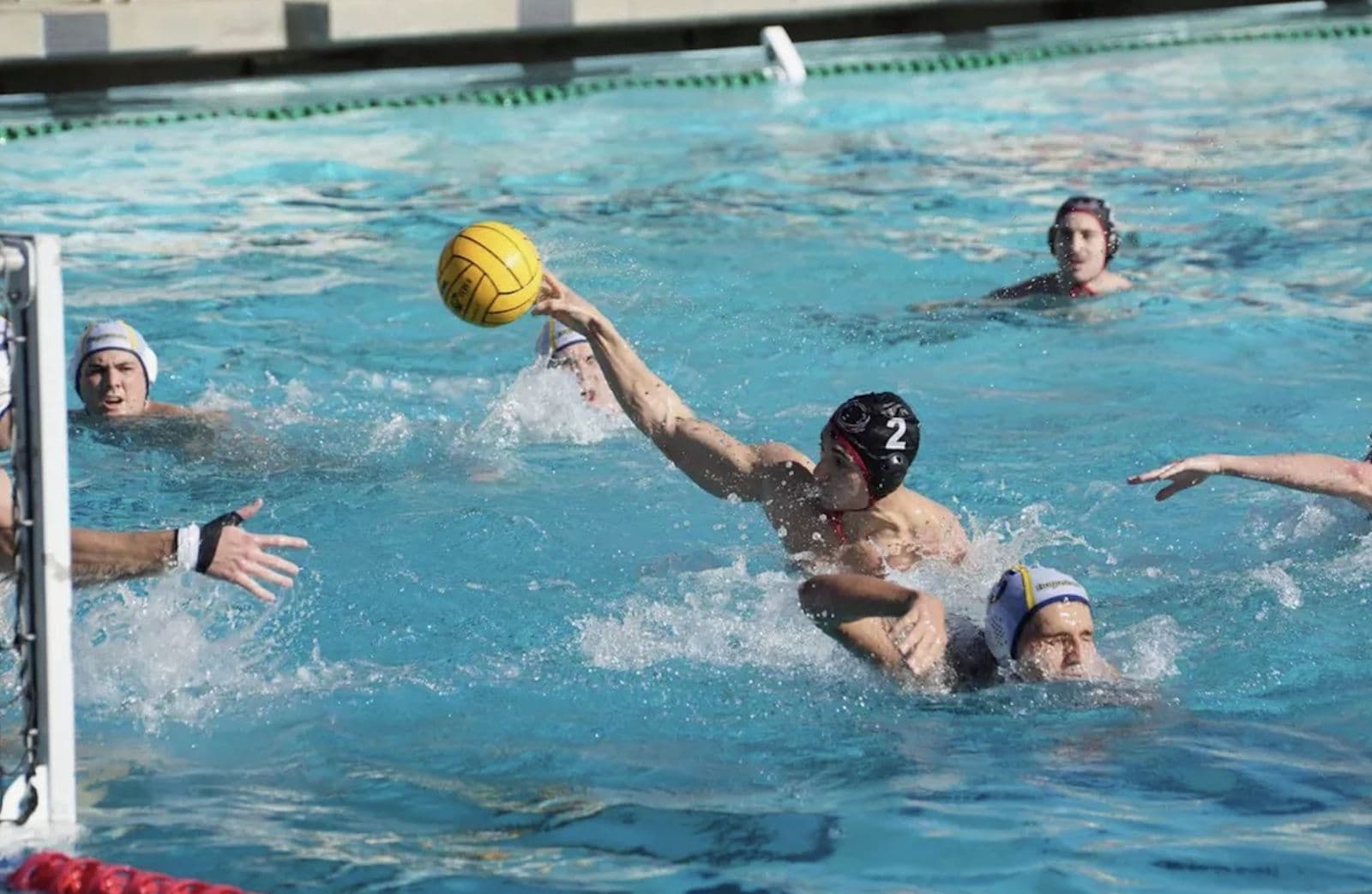 An MIT water polo player rising out of the water to take a shot on goal.